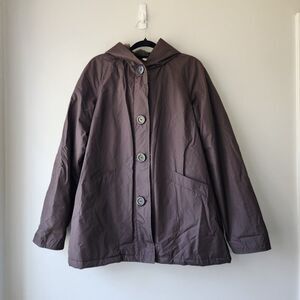 Women's Mid Weight Jacket | Hood Brown Lined Pockets Zipper w/Buttons Size Large